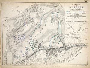 Mapa bitvy u Pultusku, kterou vydal William Blackwood and Sons, Edinburgh und London, 1848 (ručně kolorovaná rytina)